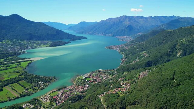 North part of Lake Como in Italy seen from a drone on a sunny day