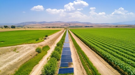 Naklejka premium Serene Farmland Landscape with Irrigation Channels and Lush Green Crops