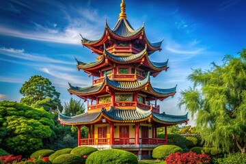 Fototapeta premium Traditional Pagodon Structure Surrounded by Lush Greenery Against a Clear Blue Sky Background