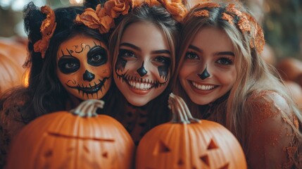 Fototapeta premium Halloween Celebrations with Witches and Pumpkins in an Autumn Forest Setting