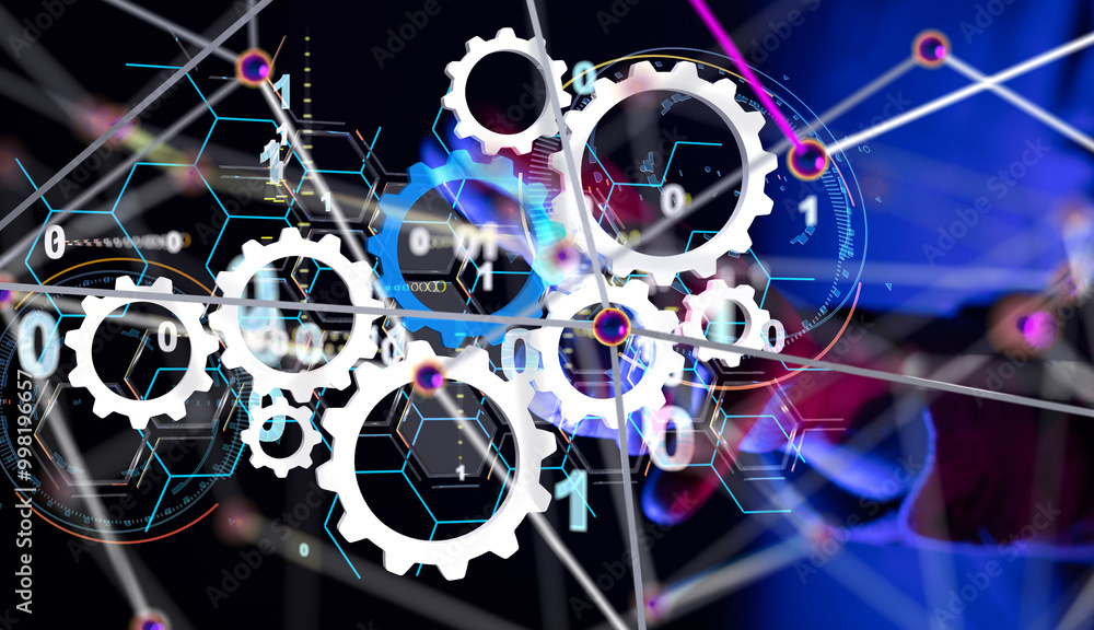 Poster neural network 3d illustration. big data and cybersecurity - 3d