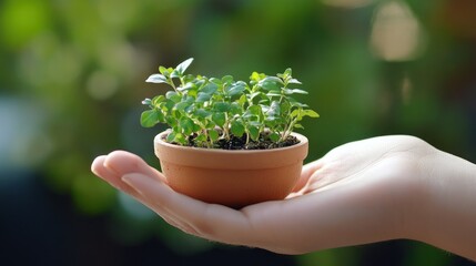 A Small Terracotta Pot With Green Plant Sproutlings Held in a Hand