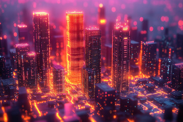 A circuit board designed to resemble a futuristic city at night with glowing lights and structures.