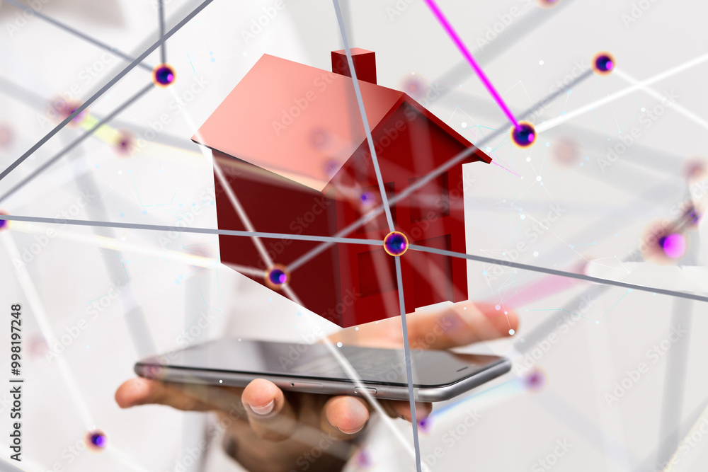 Poster home iot - Neural network 3D illustration. Big data and cybersecurity - 3d