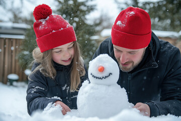 Father and daughter building a snowman. Winter family fun
A father and his daughter dressed in warm winter clothes, building a snowman together on a snowy day