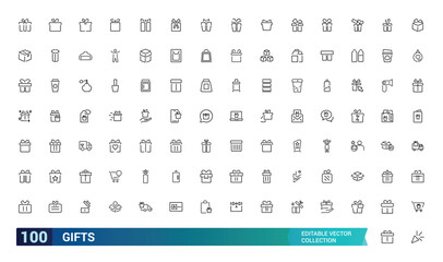 Gift and Presents line icons. Related to bow, anniversary, happy birthday gift, box, gift card and more. Editable stroke icons set. Pixel perfect vector illustration.