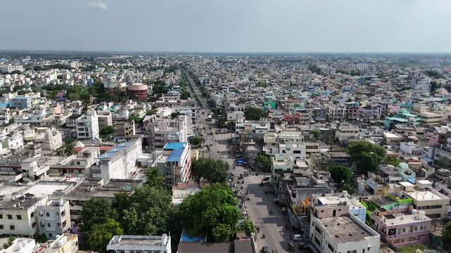 Aerial footage captures the vibrant urban landscape of Vijayawada, a bustling city nestled in the heart of the Guntur district near the Andhra Pradesh capital of Amaravati.