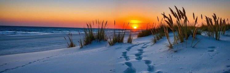 A serene beach scene at sunset features a warm orange sky, a warm orange sun, and a sandy beach with footprints, with tall reeds on the left side and a calm ocean in the background