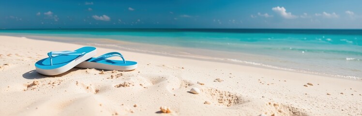 A serene beach scene features a pair of blue flip flops on the sandy shore, with the ocean and sky in the background, creating a tranquil and peaceful atmosphere