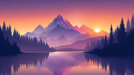 Sunset over Serene Mountain Landscape with Lake