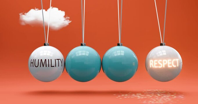 Humility leads to respect. Cause and effect relation between humility and respect. A Newton cradle metaphor in which humility gives power to set respect in motion. Can be looped. 