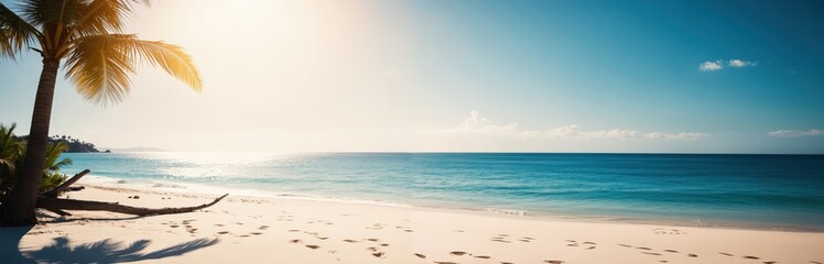 Fototapeta premium A serene tropical beach scene features a clear blue sky, a calm ocean, and a sandy beach with footprints, captured from a low angle that emphasizes the vastness of the landscape