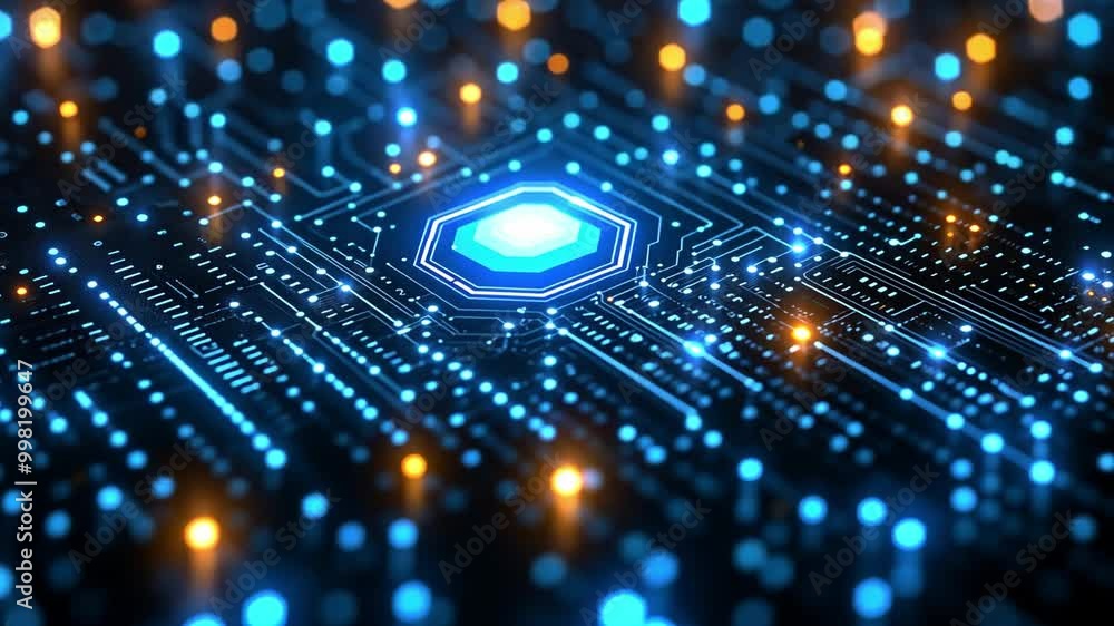 Poster A vibrant digital circuit board displays intricate blue lights and glowing elements, symbolizing innovation in technology and data processing.