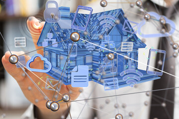 home iot - Neural network 3D illustration. Big data and cybersecurity