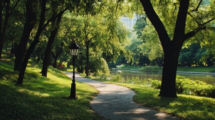 Naklejka premium City Park with Green Trees, Path, River, and Business Center Backdrop