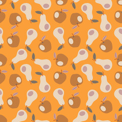 Autumn pattern with seasonal ripe fruits. Seamless design with apples and pears. Autumn harvest illustration. Flat design with fruits. Perfect for season textile, wrapping, packaging, stationery.