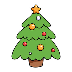 Children's cartoon New Year illustration of Christmas tree decorated with toys on white background.