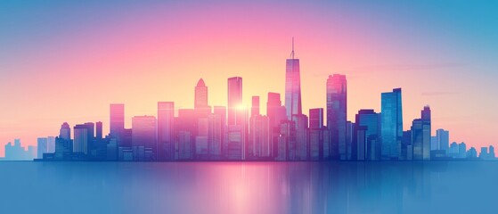 Obraz premium City Silhouette with Skyscrapers at Sunset in Pink and Blue Tones