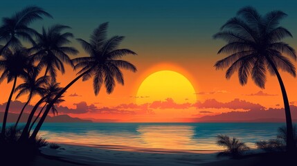 Beach Sunset with Palm Trees and Vibrant Orange Sky