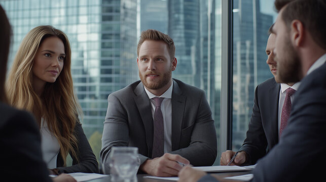 Professional business team in corporate office setting, featuring confident executives in formal suits, engaged in discussions with modern skyscrapers in the background,