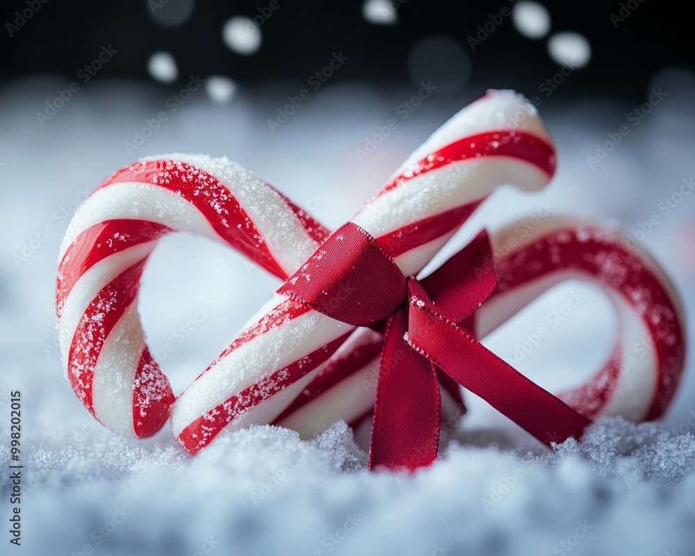 Poster Two red and white striped candy canes tied with a red ribbon on a snowy surface.