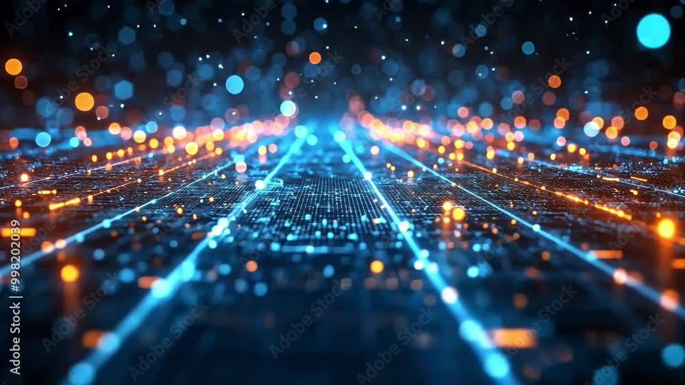 Poster A colorful array of glowing orange and blue lights forms a striking pattern on a dark surface, evoking a sense of modern technology and dynamism at night.