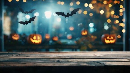 Empty rustic table in the foreground with a blurred Halloween scene of bats, jack-o'-lanterns, and flickering lights in the background. Perfect for mockups and copy space.