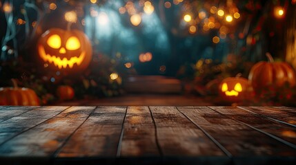 Empty wooden table in the foreground with a blurred Halloween background featuring glowing pumpkins and spooky decorations. Perfect for product mockups with copy space.
