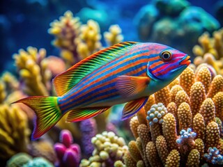 Vibrant Six Line Wrasse Swimming Through Coral Reef in Clear Tropical Waters of the Ocean
