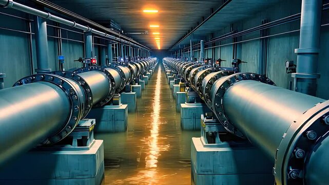 Long industrial pipelines running through an underground facility, representing infrastructure, water supply, and large-scale engineering systems.