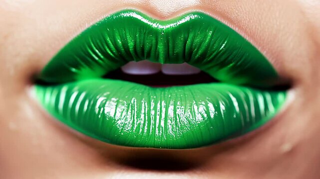vibrant green lips, featuring a glossy finish that highlights bold self-expression and unique beauty styles. This image captures the power of daring makeup looks