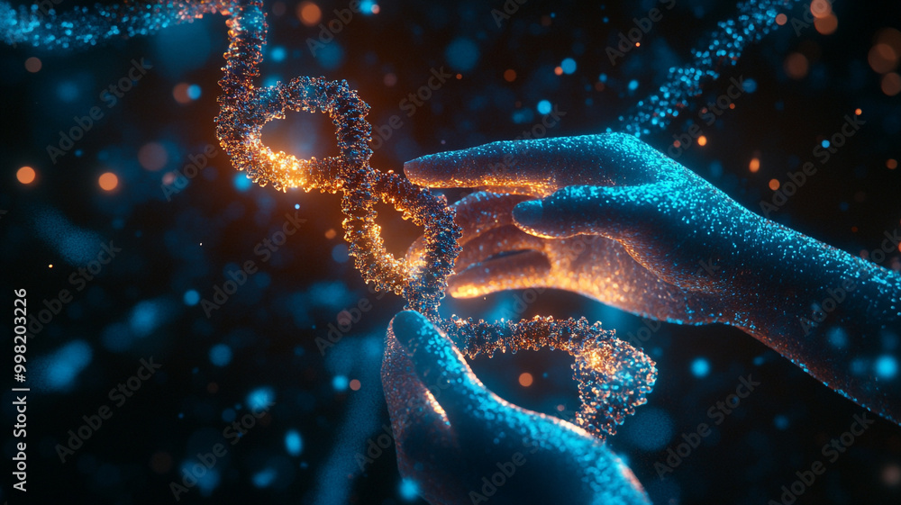 Aufkleber exploring the intricate structure of dna with glowing representation and human interaction at night