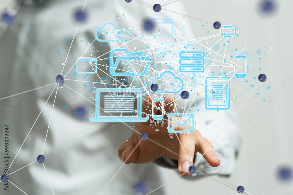 Aufkleber database data Cloud technology. Integrated digital web concept background