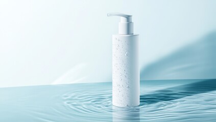 white cosmetic bottle mockup of facial gel with water droplets on minimalist background