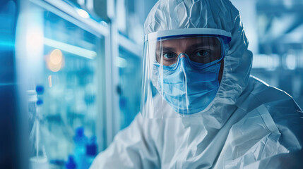 Scientist or Medical staff wearing personal protective gown or PPE, white N95 mask and blue medical gloves puts on goggles.