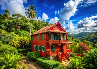 Vibrant Trinidad and Tobago Red House Surrounded by Lush Greenery and Bright Blue Sky on Caribbean Island