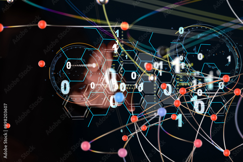 Poster Neural network 3D illustration. Big data and cybersecurity - 3d