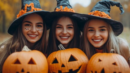 Fototapeta premium Halloween Celebrations with Witches and Pumpkins in an Autumn Forest Setting