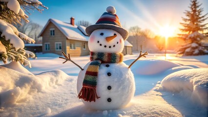 Obraz premium Smiling Snowman with Hat and Scarf Under Falling Snowflakes
