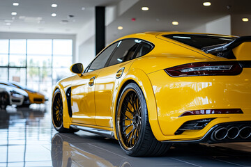 Luxury car with custom rims and detailing in a showroom