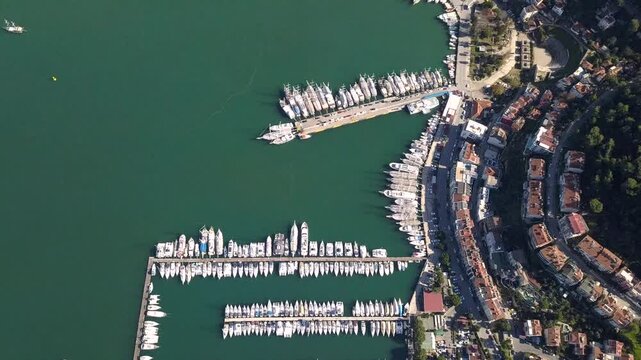 Breathtaking drone view of the marina and the city of Fethiye Turkey