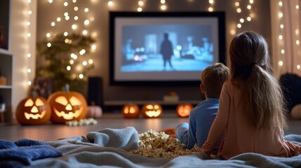 Family Halloween movie night, cozy living room with blankets and popcorn, kids in pajamas watching a spooky film, jack-o'-lanterns glowing nearby