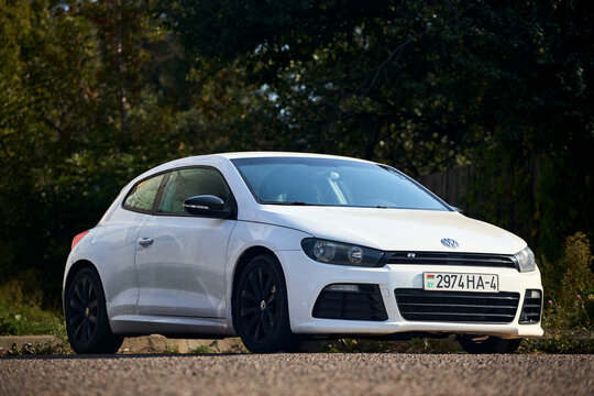 Minsk, Belarus - September, 18 2024: Volkswagen Scirocco three door front engine sport compact hatchback by Volkswagen. Second generation Scirocco R 2009 2017 production model based on GT24.