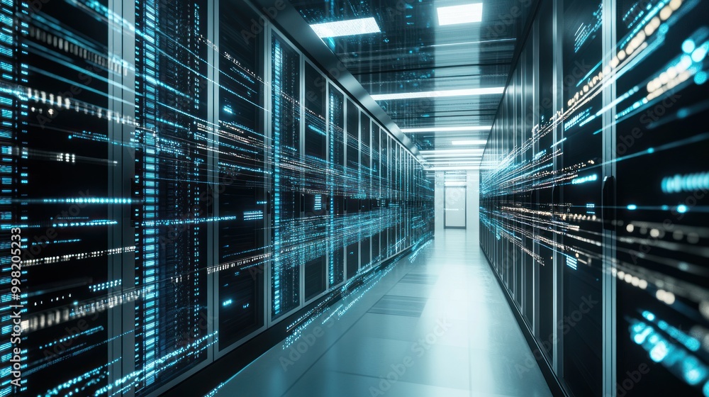 Poster server room with digital data flow