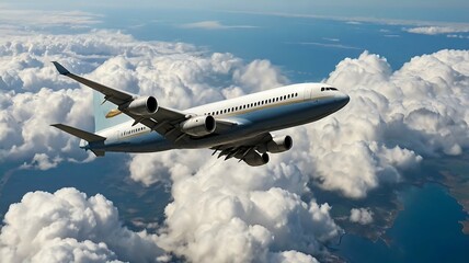 Airplane in the flight, travel background with airplane flying in the blue sky over the clouds. Flying airplane with sunset.