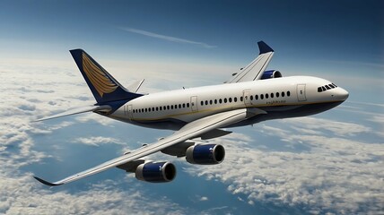 Fototapeta premium Airplane in the flight, travel background with airplane flying in the blue sky over the clouds. Flying airplane with sunset.