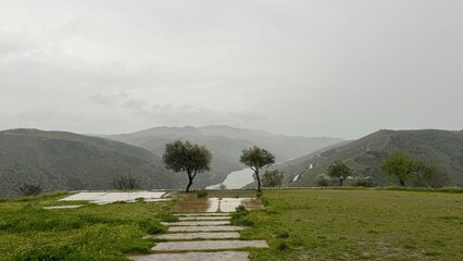 An ethereal scene of the Douro Valley from a high vantage point, showcasing the fog-covered river...
