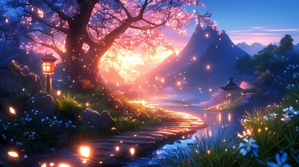 Enchanting Japan-inspired landscape with temples and cherry blossoms.