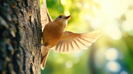 A small bird with wings spread on a tree trunk, AI