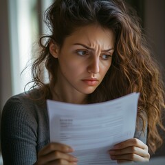 Head shot stressed young woman holding paper document bank debt notification thinking of financial troubles looking away. lost in negative thoughts depressed woman worrying about bad news notice.